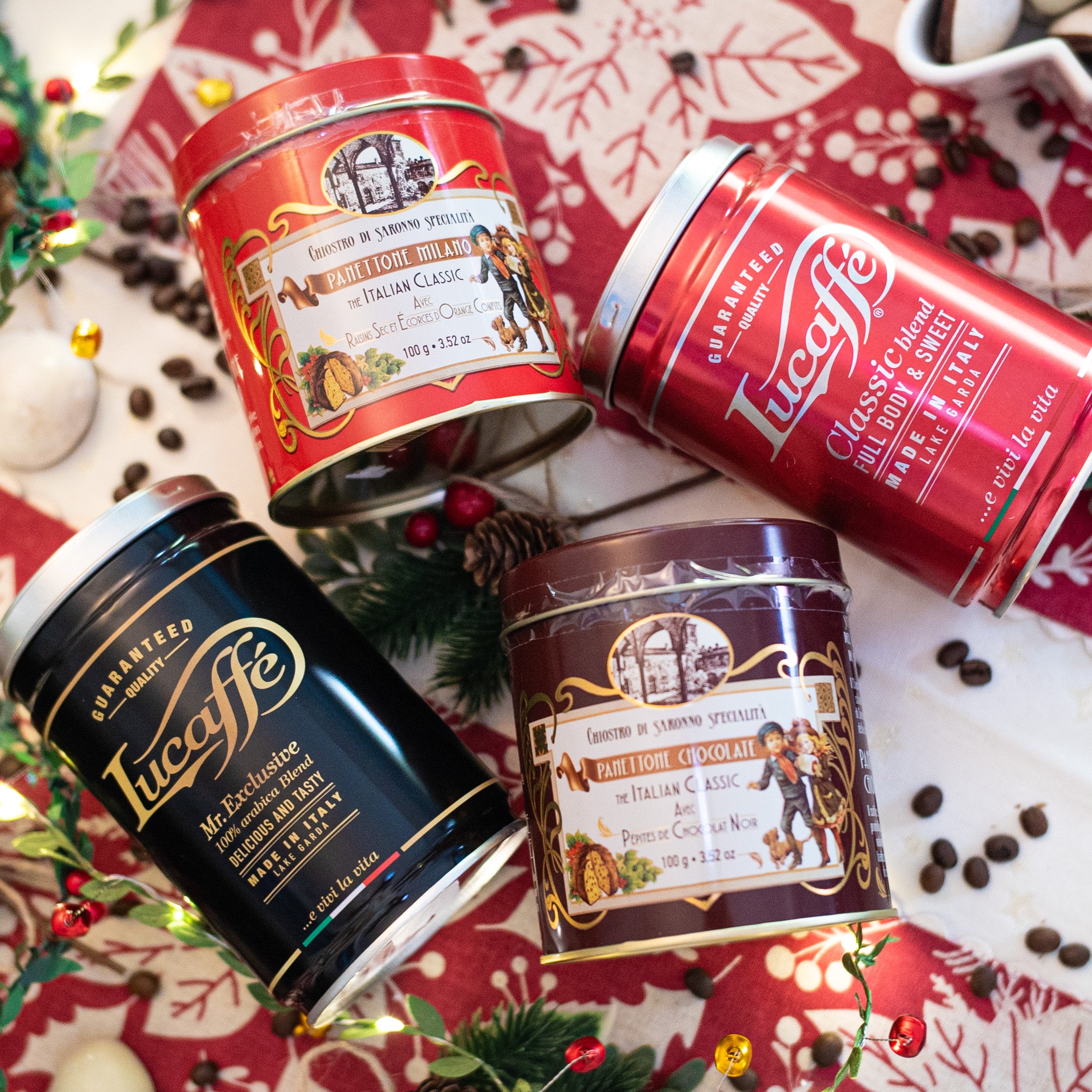 🎄 Pack Navideño Tradición Italiana: 2 Lata Lucaffe y 2 Mini Panettone