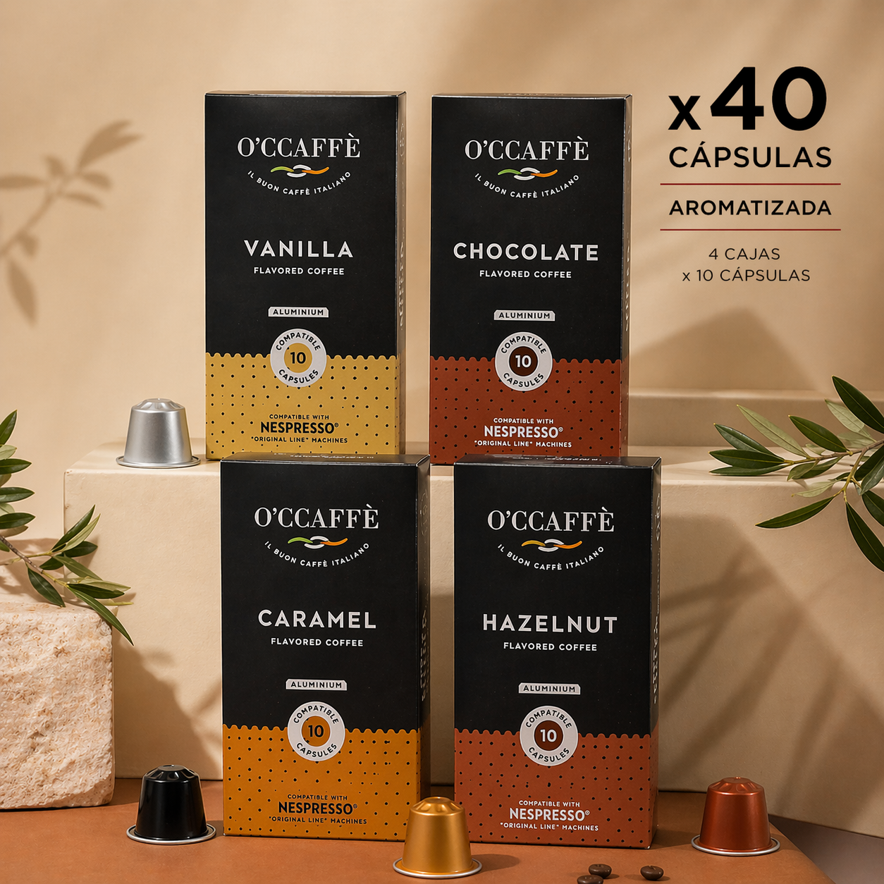 Pack Occaffe 40 Cápsulas Aromatizadas Aluminio Compatibles para Nespresso