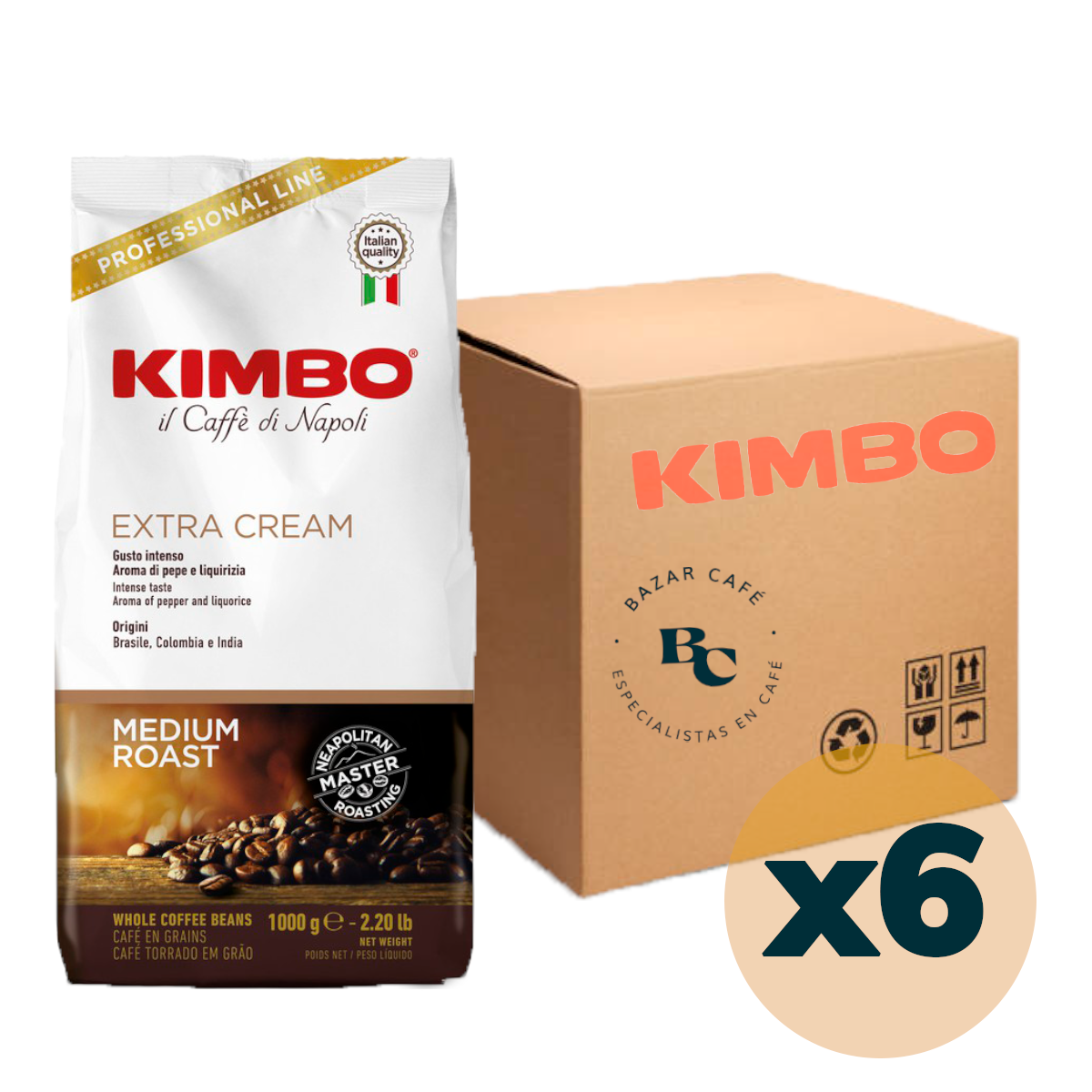 6 Kilos Kimbo Extra Cream 1 kg Grano Entero